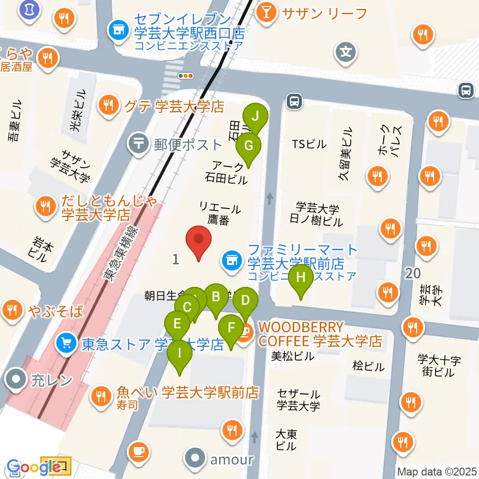学芸大学センター ヤマハミュージック周辺のファミレス・ファーストフード一覧地図