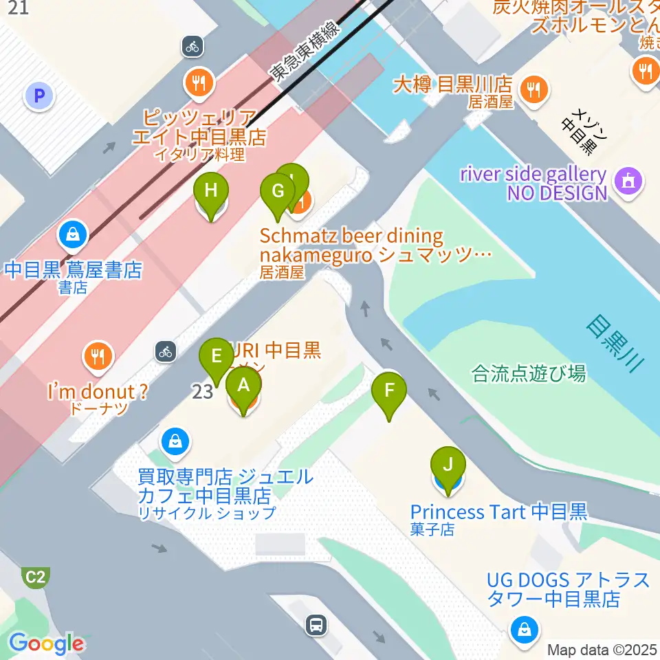 中目黒音楽センター ヤマハミュージック周辺のファミレス・ファーストフード一覧地図