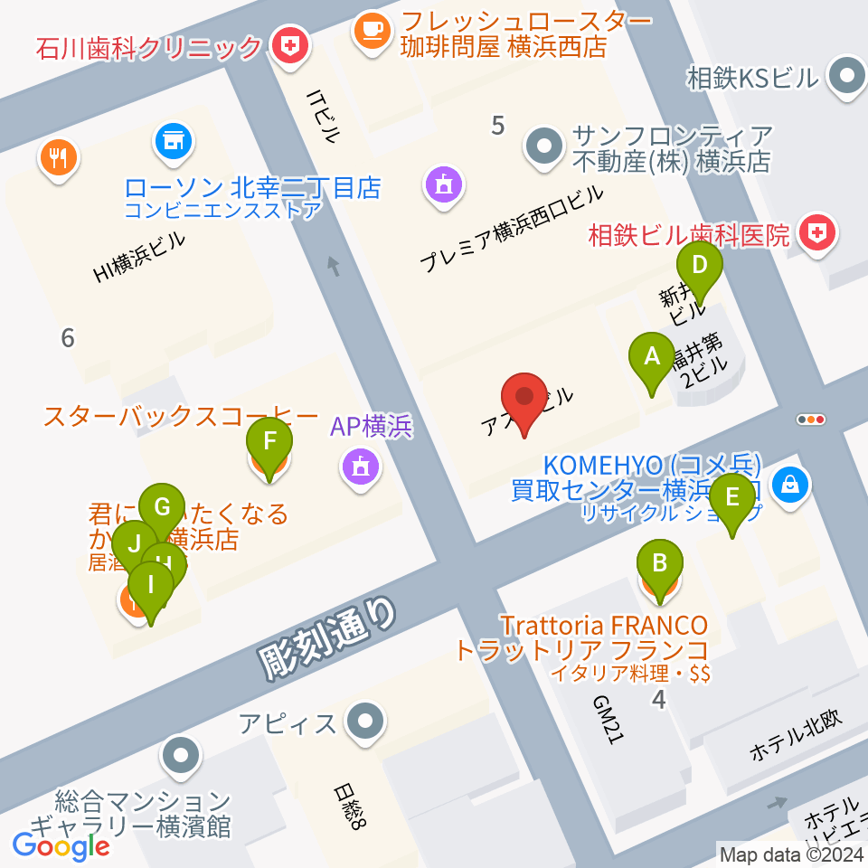 横浜センター ヤマハミュージック周辺のファミレス・ファーストフード一覧地図