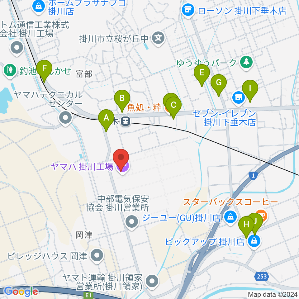 ヤマハピアノサービス掛川センター周辺のファミレス・ファーストフード一覧地図