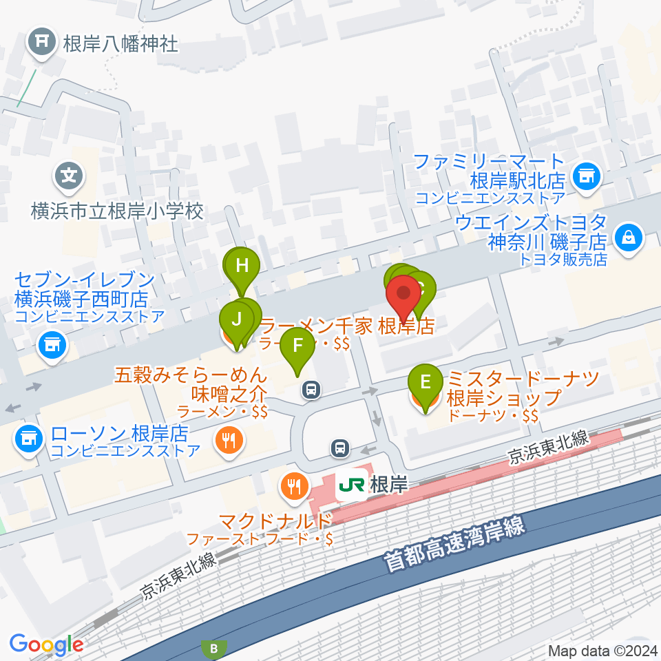 根岸センター ヤマハミュージック周辺のファミレス・ファーストフード一覧地図