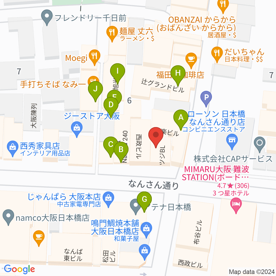 難波の楽器店テイクオフ周辺のファミレス・ファーストフード一覧地図