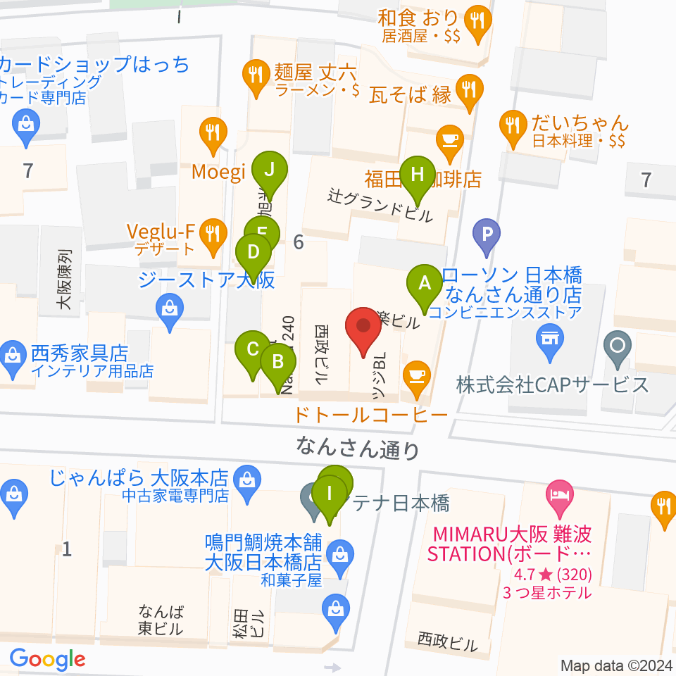 難波の楽器店テイクオフ周辺のファミレス・ファーストフード一覧地図