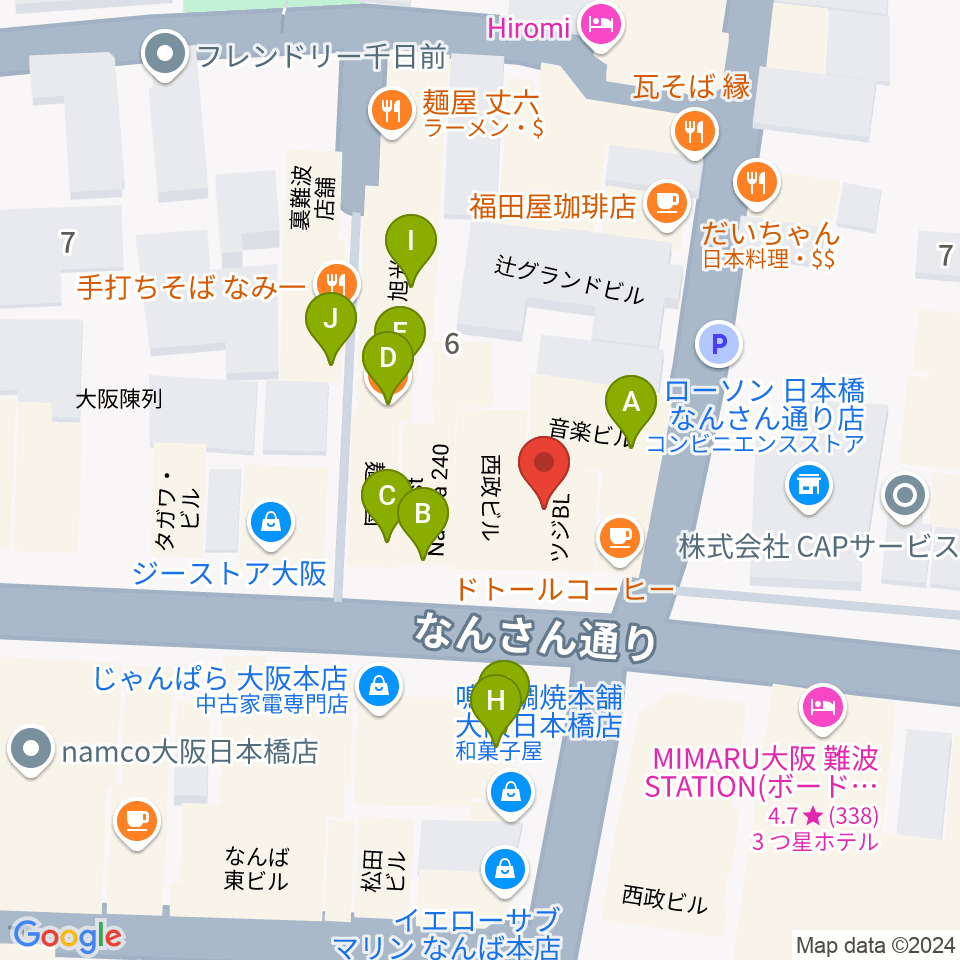 難波の楽器店テイクオフ周辺のファミレス・ファーストフード一覧地図