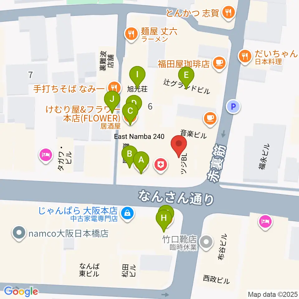 難波の楽器店テイクオフ周辺のファミレス・ファーストフード一覧地図