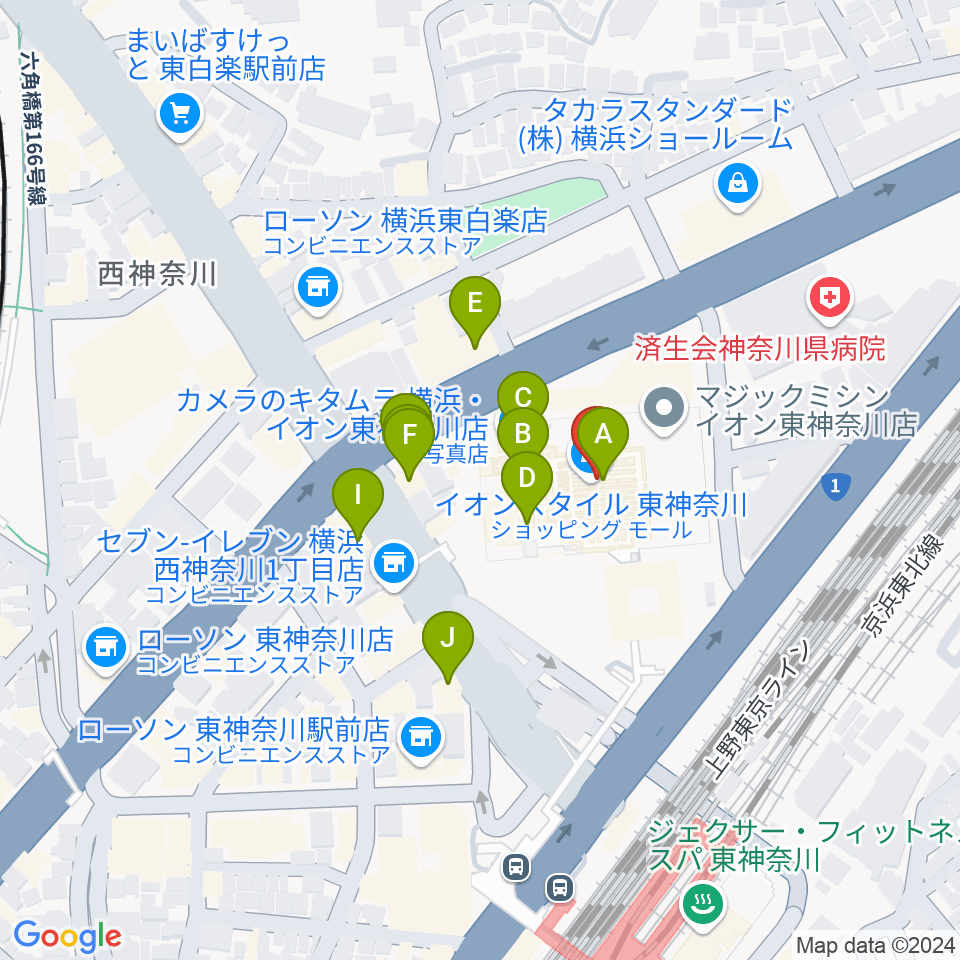 イオン東神奈川センター ヤマハミュージック周辺のファミレス・ファーストフード一覧地図