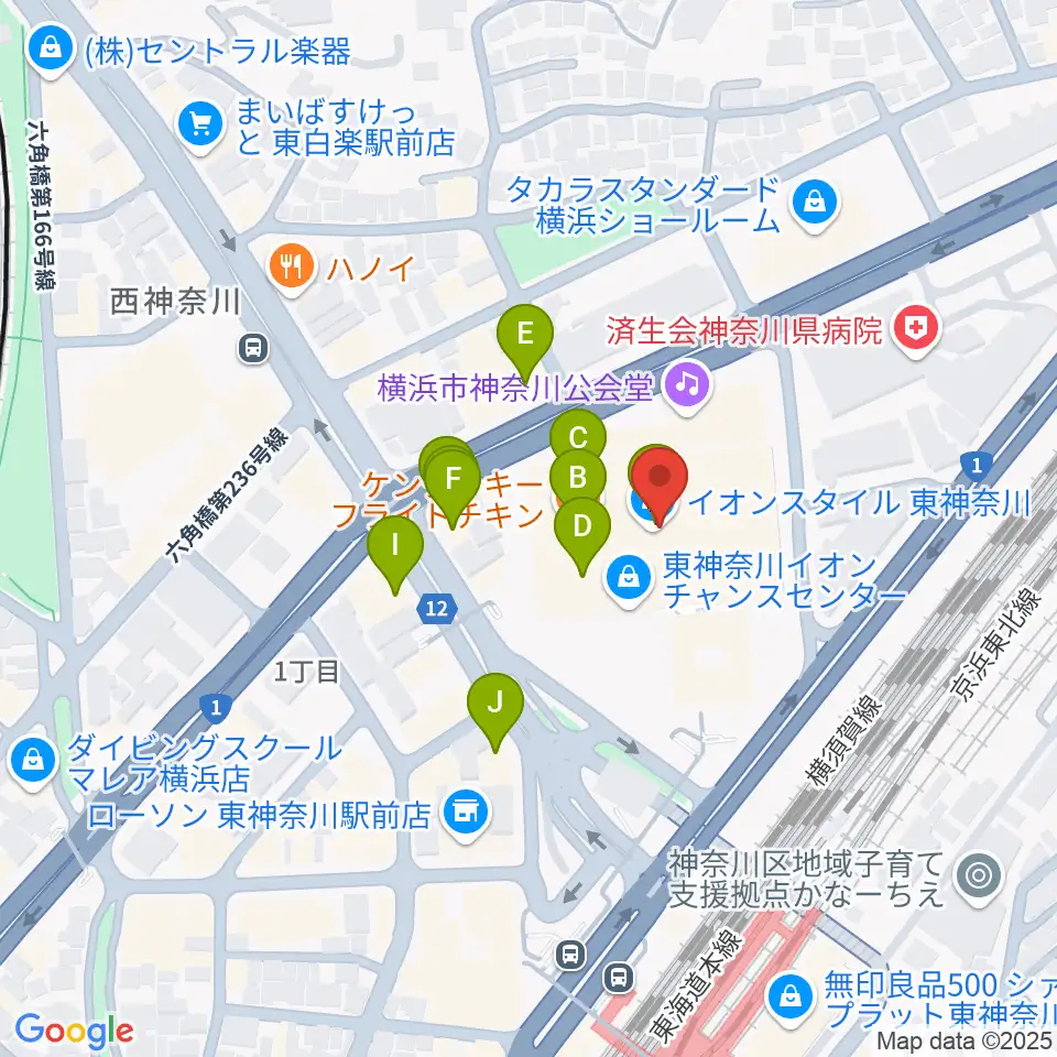 イオン東神奈川センター ヤマハミュージック周辺のファミレス・ファーストフード一覧地図