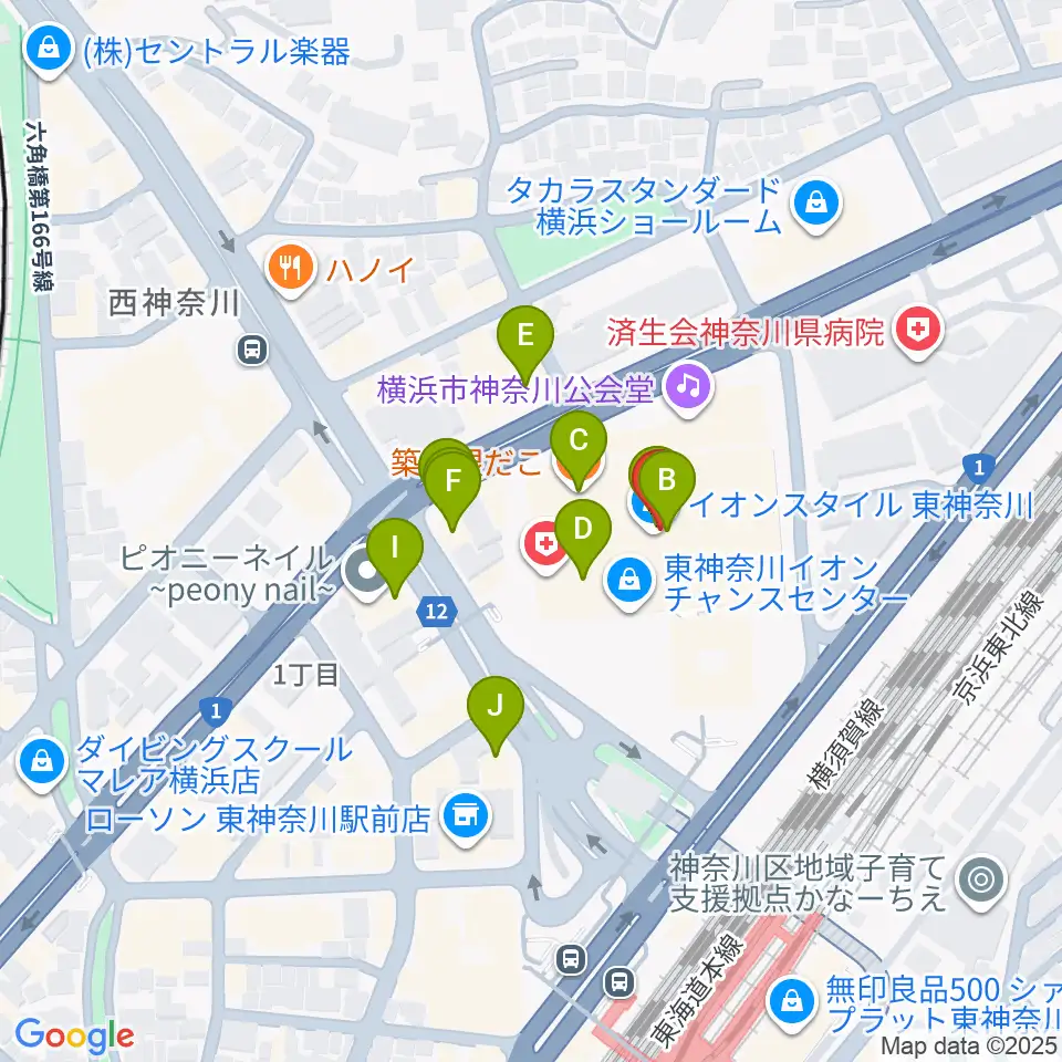 イオン東神奈川センター ヤマハミュージック周辺のファミレス・ファーストフード一覧地図