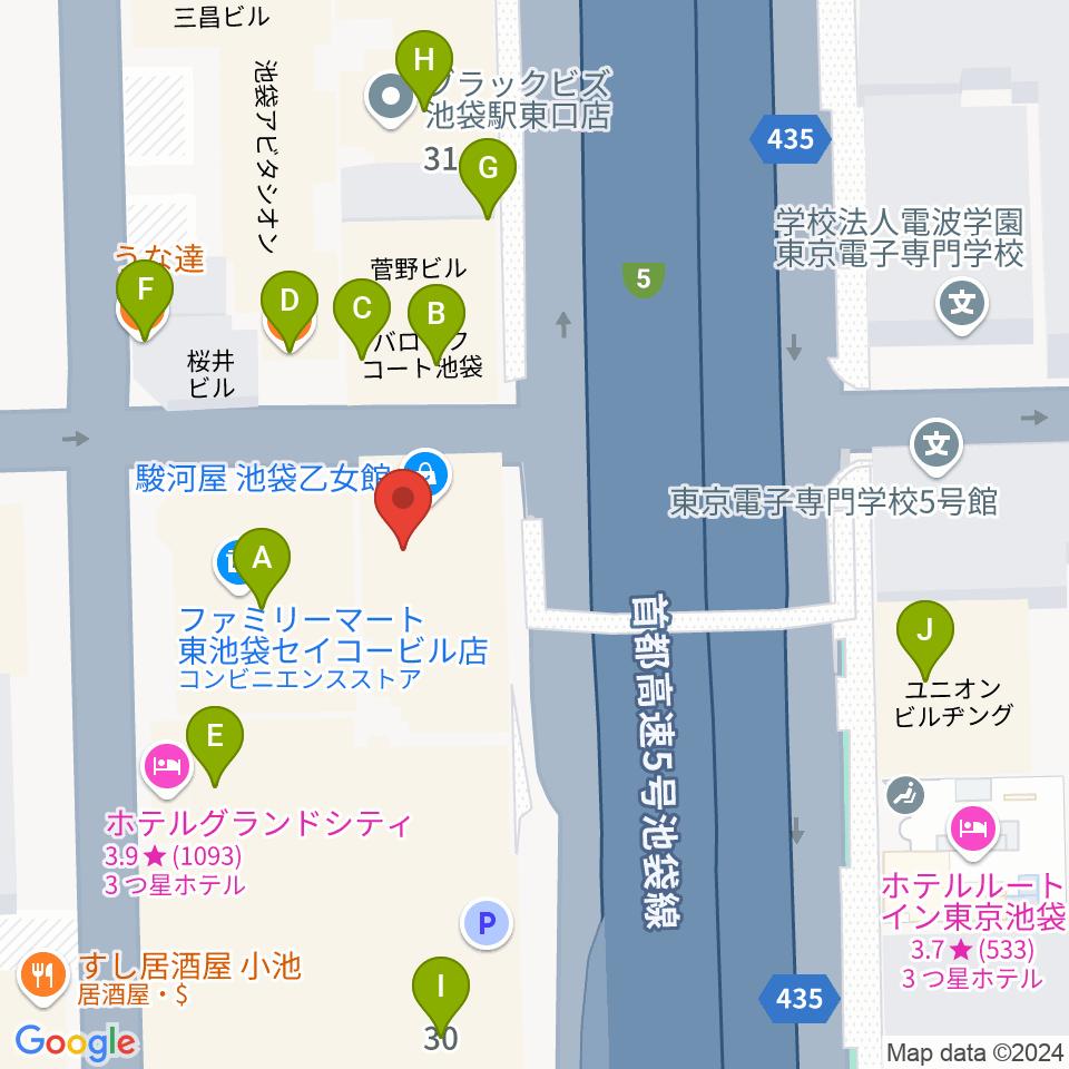 フジゲンカスタムハウス池袋周辺のファミレス・ファーストフード一覧地図