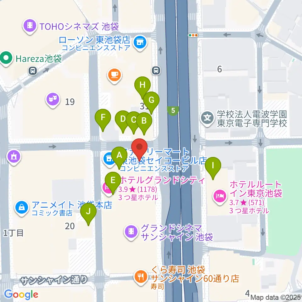 フジゲンカスタムハウス池袋周辺のファミレス・ファーストフード一覧地図