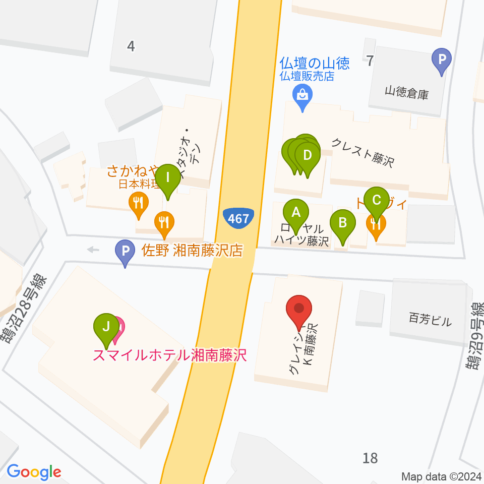 ミュージックアベニュー藤沢 ヤマハミュージック周辺のファミレス・ファーストフード一覧地図