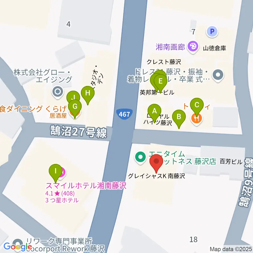 ミュージックアベニュー藤沢 ヤマハミュージック周辺のファミレス・ファーストフード一覧地図