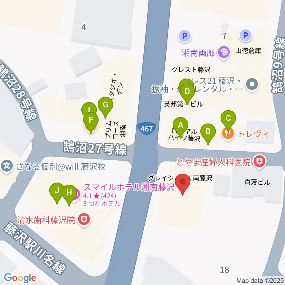 ミュージックアベニュー藤沢 ヤマハミュージック周辺のファミレス・ファーストフード一覧地図