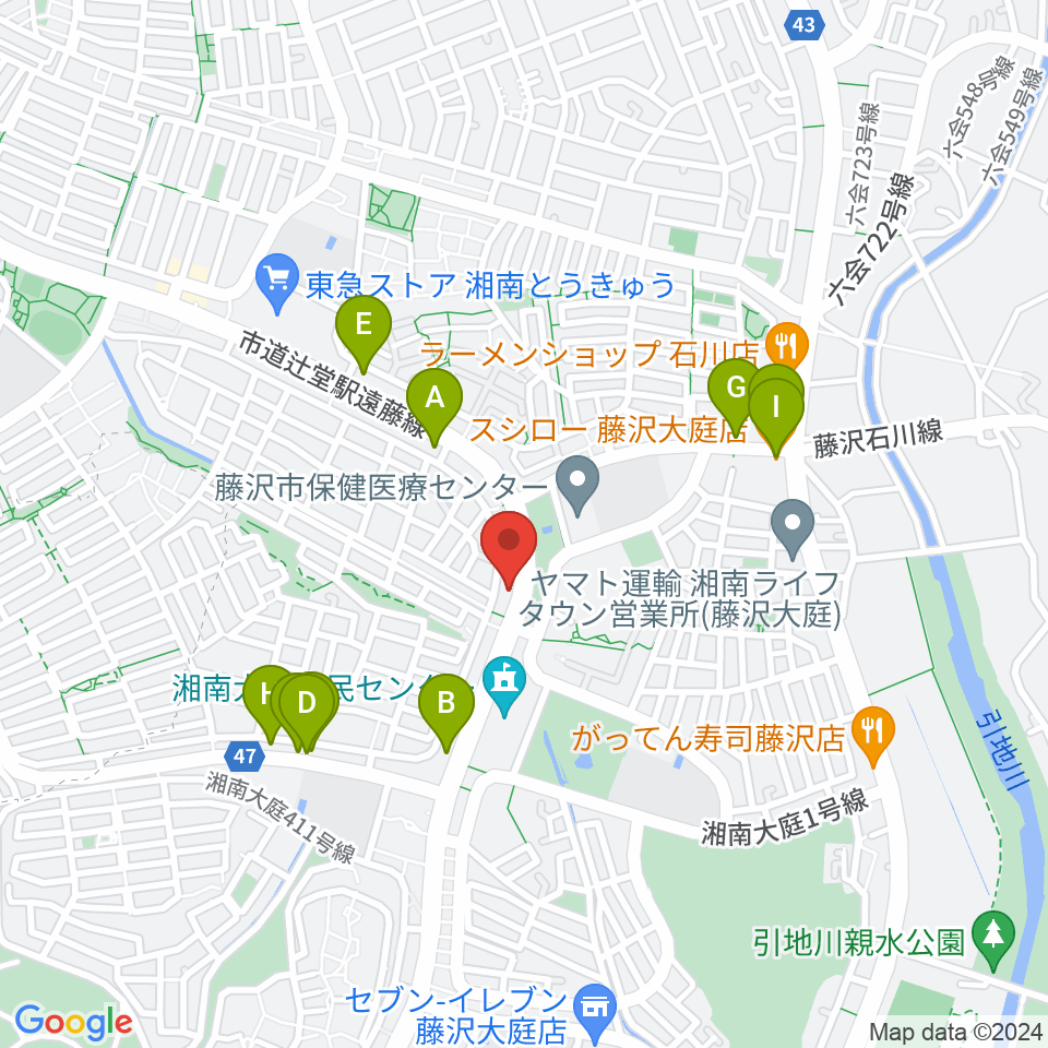 湘南ライフタウンセンター ヤマハミュージック周辺のファミレス・ファーストフード一覧地図