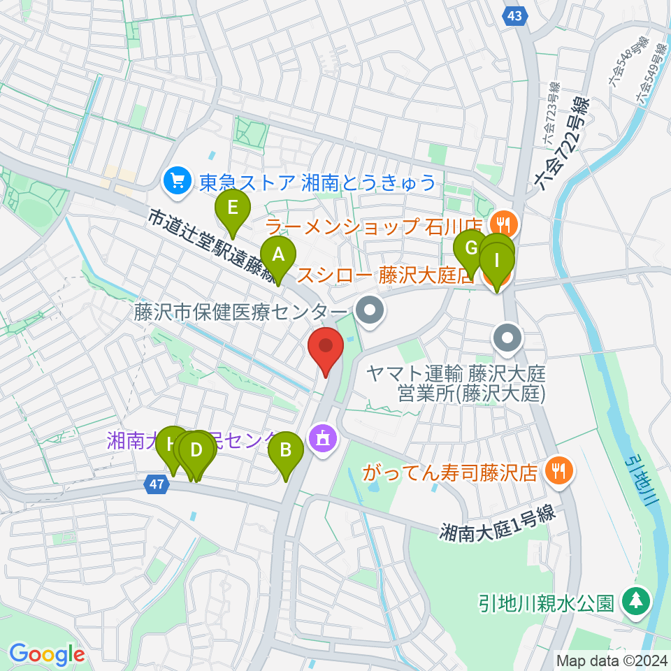 湘南ライフタウンセンター ヤマハミュージック周辺のファミレス・ファーストフード一覧地図