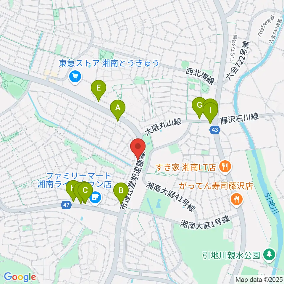 湘南ライフタウンセンター ヤマハミュージック周辺のファミレス・ファーストフード一覧地図