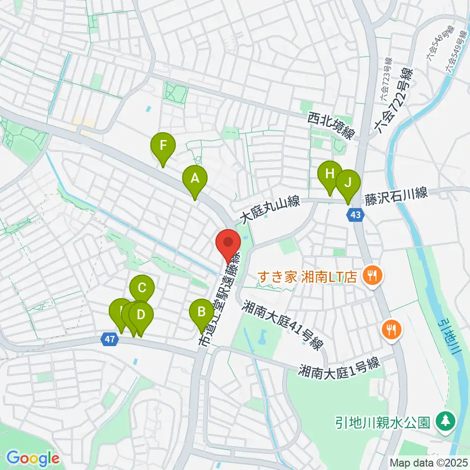 湘南ライフタウンセンター ヤマハミュージック周辺のファミレス・ファーストフード一覧地図