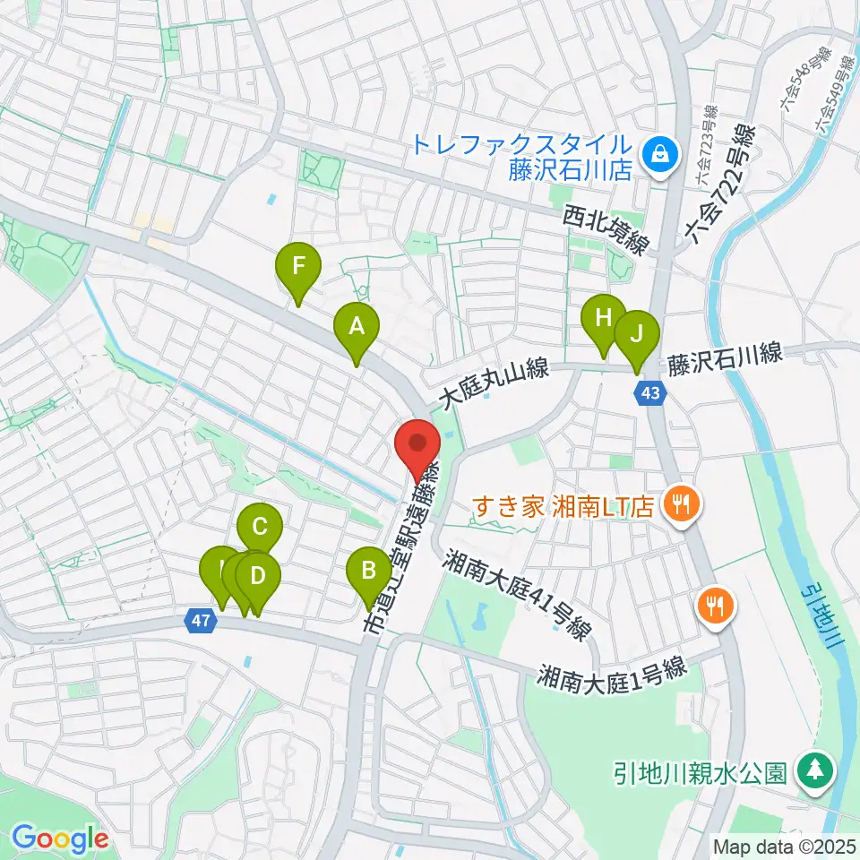 湘南ライフタウンセンター ヤマハミュージック周辺のファミレス・ファーストフード一覧地図