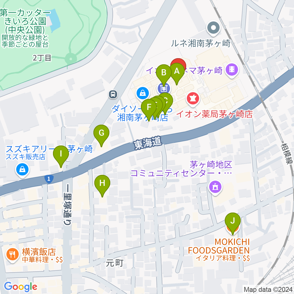 イオン茅ヶ崎センターヤマハミュージック周辺のファミレス・ファーストフード一覧地図