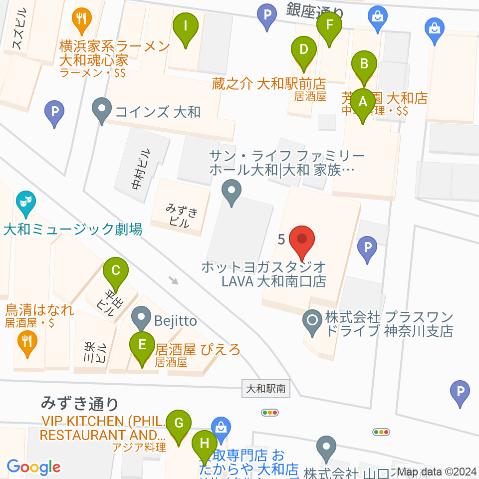 ユニスタイル大和 ヤマハミュージック周辺のファミレス・ファーストフード一覧地図