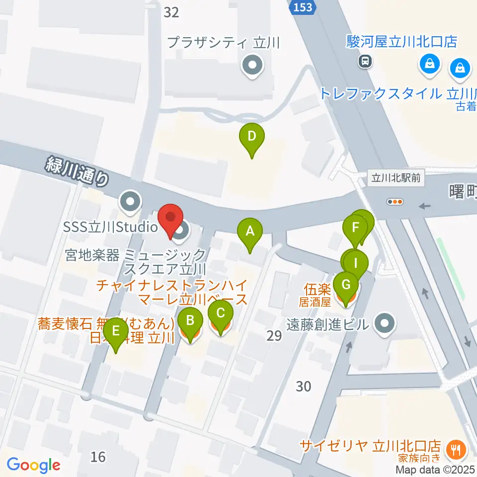 宮地楽器ミュージックスクエア立川周辺のファミレス・ファーストフード一覧地図