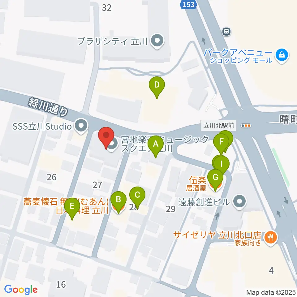 宮地楽器ミュージックスクエア立川周辺のファミレス・ファーストフード一覧地図