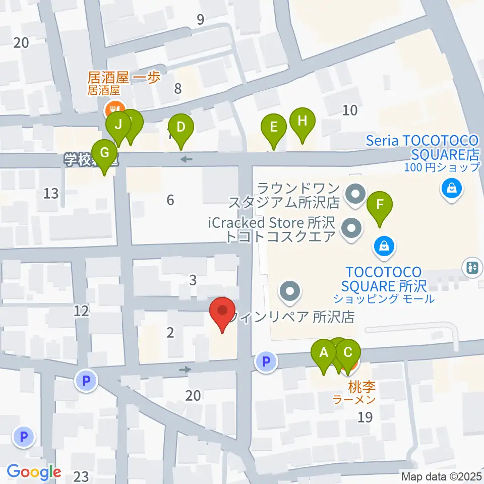 ユニスタイル所沢 ヤマハミュージック周辺のファミレス・ファーストフード一覧地図