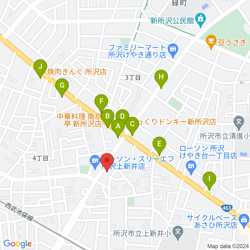 ユニスタイル小手指 ヤマハミュージック周辺のファミレス・ファーストフード一覧地図