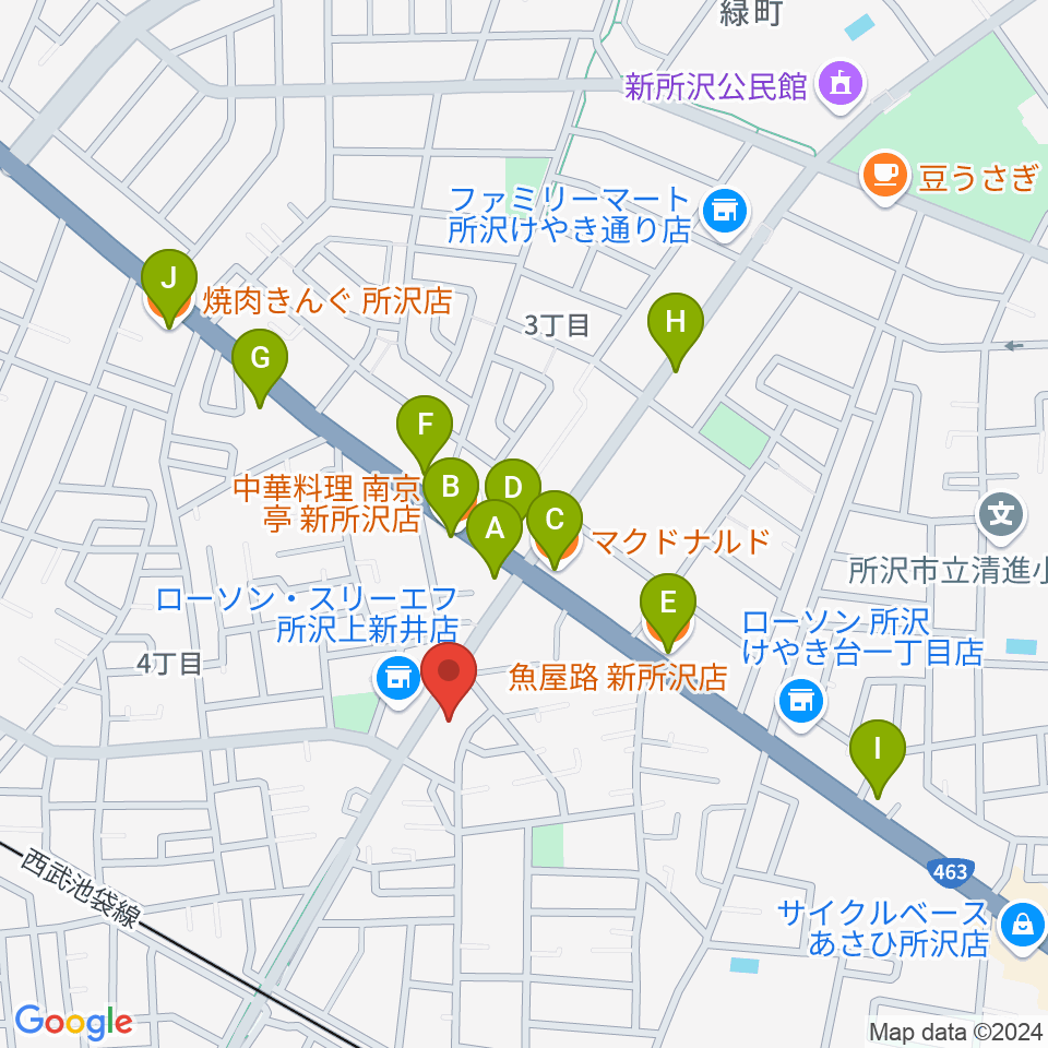 ユニスタイル小手指 ヤマハミュージック周辺のファミレス・ファーストフード一覧地図