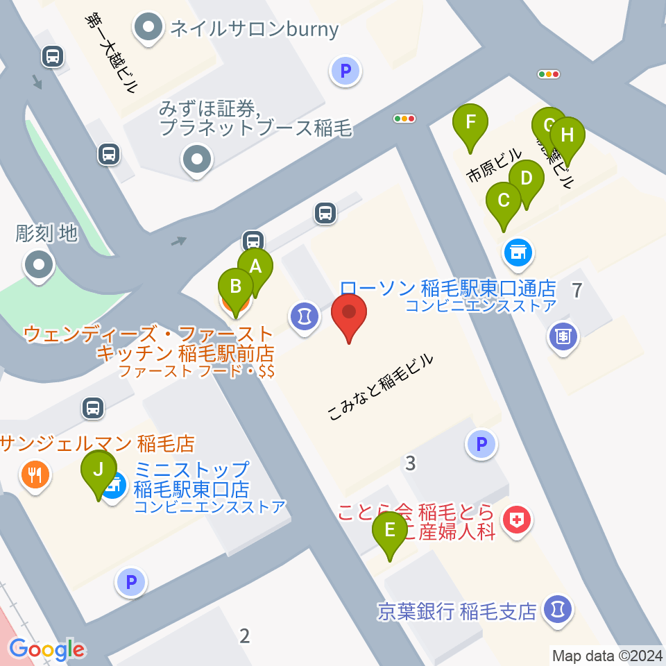 ミュージックアベニュー稲毛 ヤマハミュージック周辺のファミレス・ファーストフード一覧地図