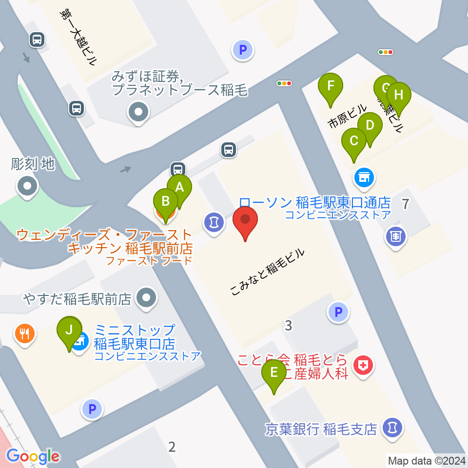 ミュージックアベニュー稲毛 ヤマハミュージック周辺のファミレス・ファーストフード一覧地図