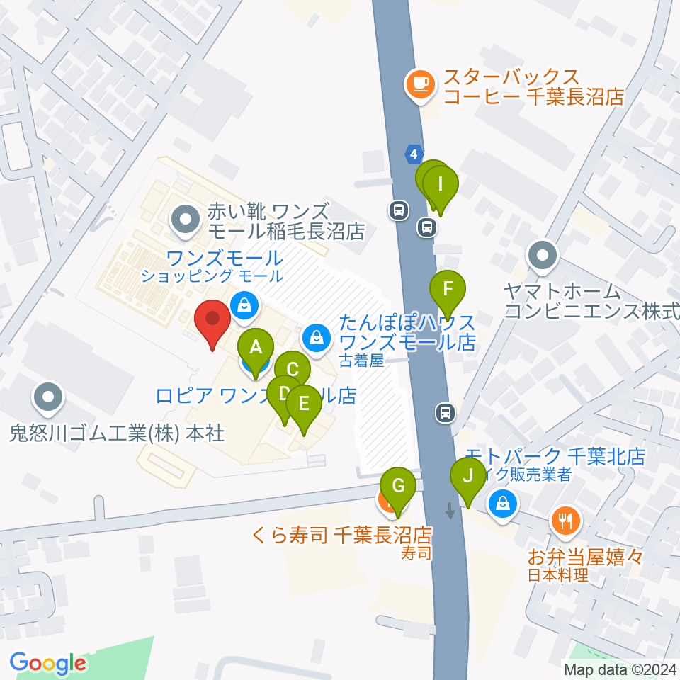 ワンズモールセンター ヤマハミュージック周辺のファミレス・ファーストフード一覧地図