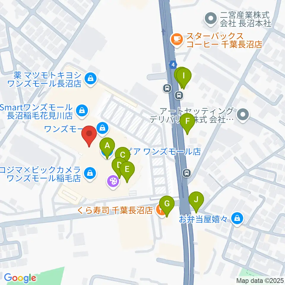 ワンズモールセンター ヤマハミュージック周辺のファミレス・ファーストフード一覧地図