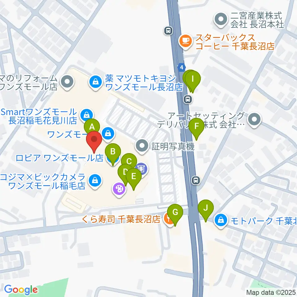 ワンズモールセンター ヤマハミュージック周辺のファミレス・ファーストフード一覧地図