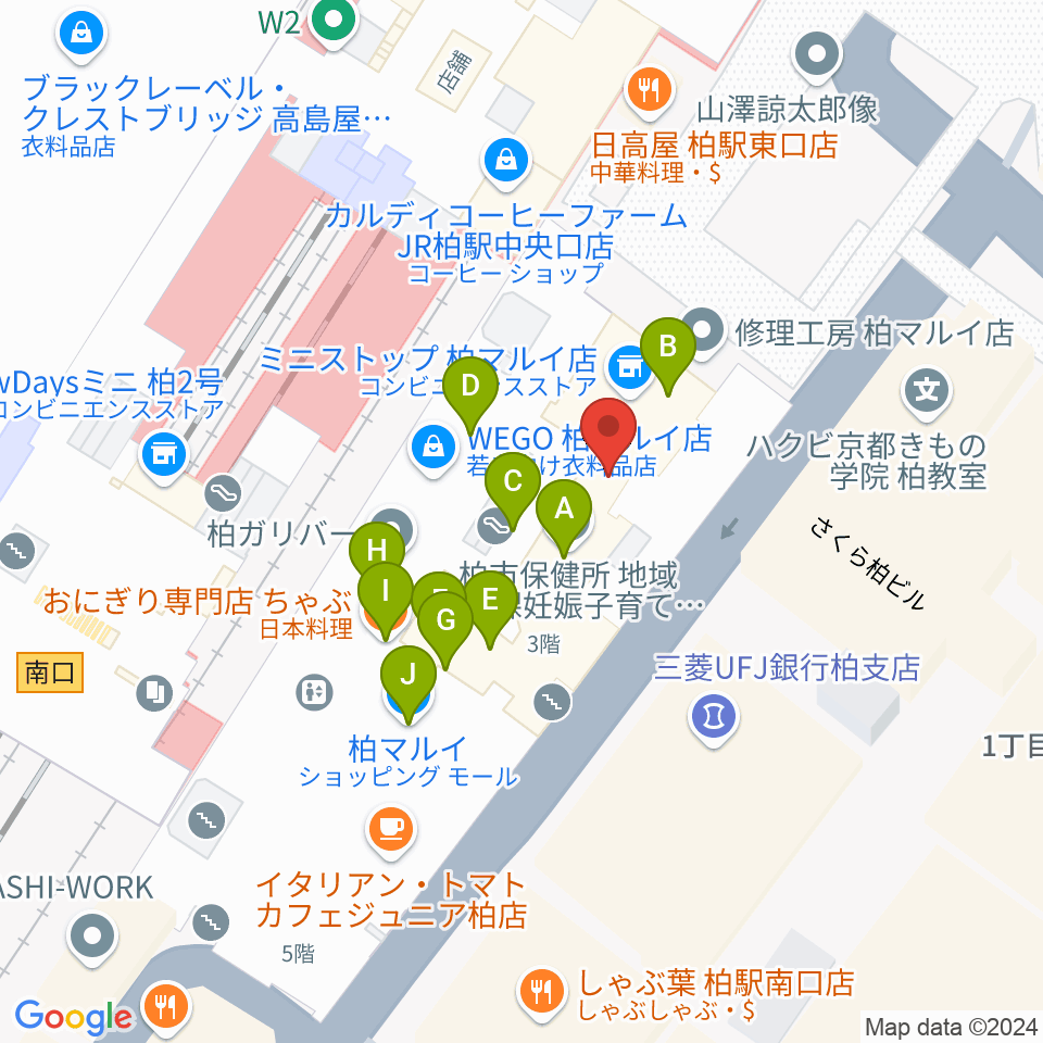 ヤマノミュージックセンター柏駅前周辺のファミレス・ファーストフード一覧地図