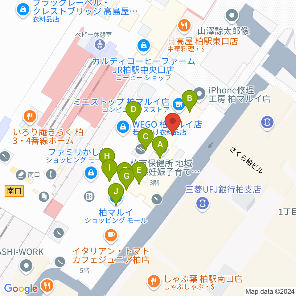 ヤマノミュージックセンター柏駅前周辺のファミレス・ファーストフード一覧地図