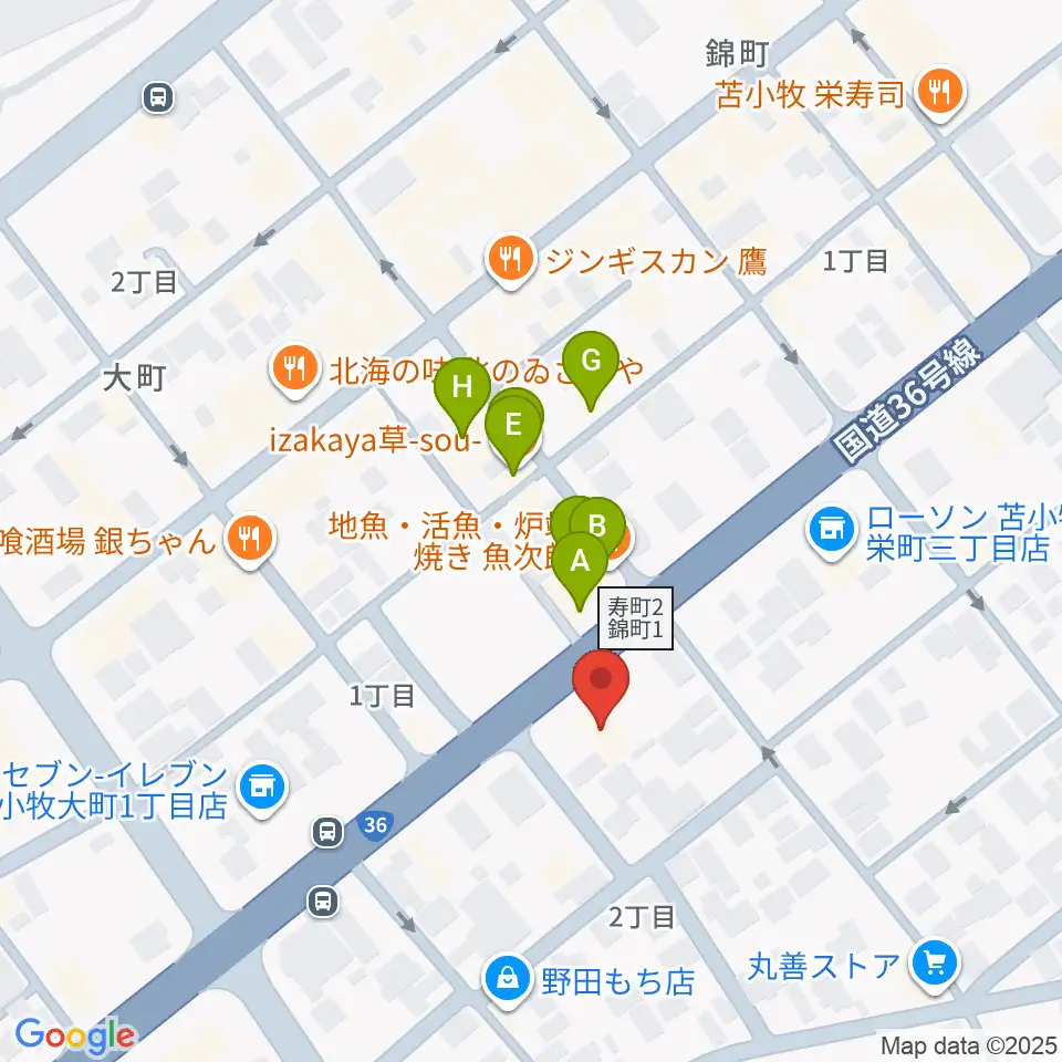 エルム楽器 苫小牧支店周辺のファミレス・ファーストフード一覧地図