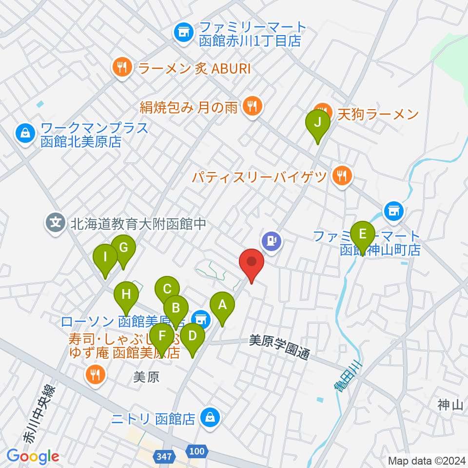 ヤマハミュージック 函館店周辺のファミレス・ファーストフード一覧地図