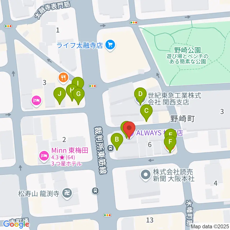 梅田ALWAYS周辺のファミレス・ファーストフード一覧地図