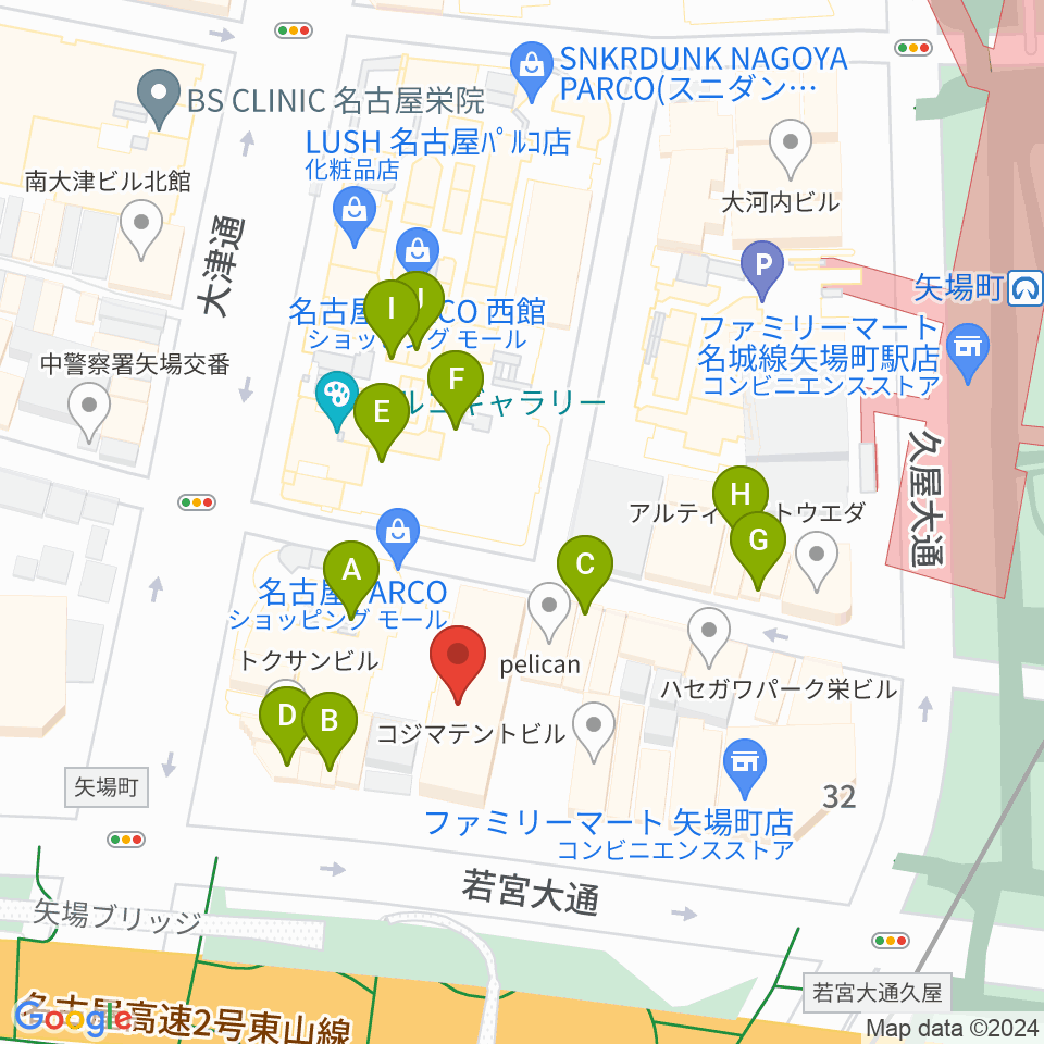 ロッキン名古屋栄店周辺のファミレス・ファーストフード一覧地図
