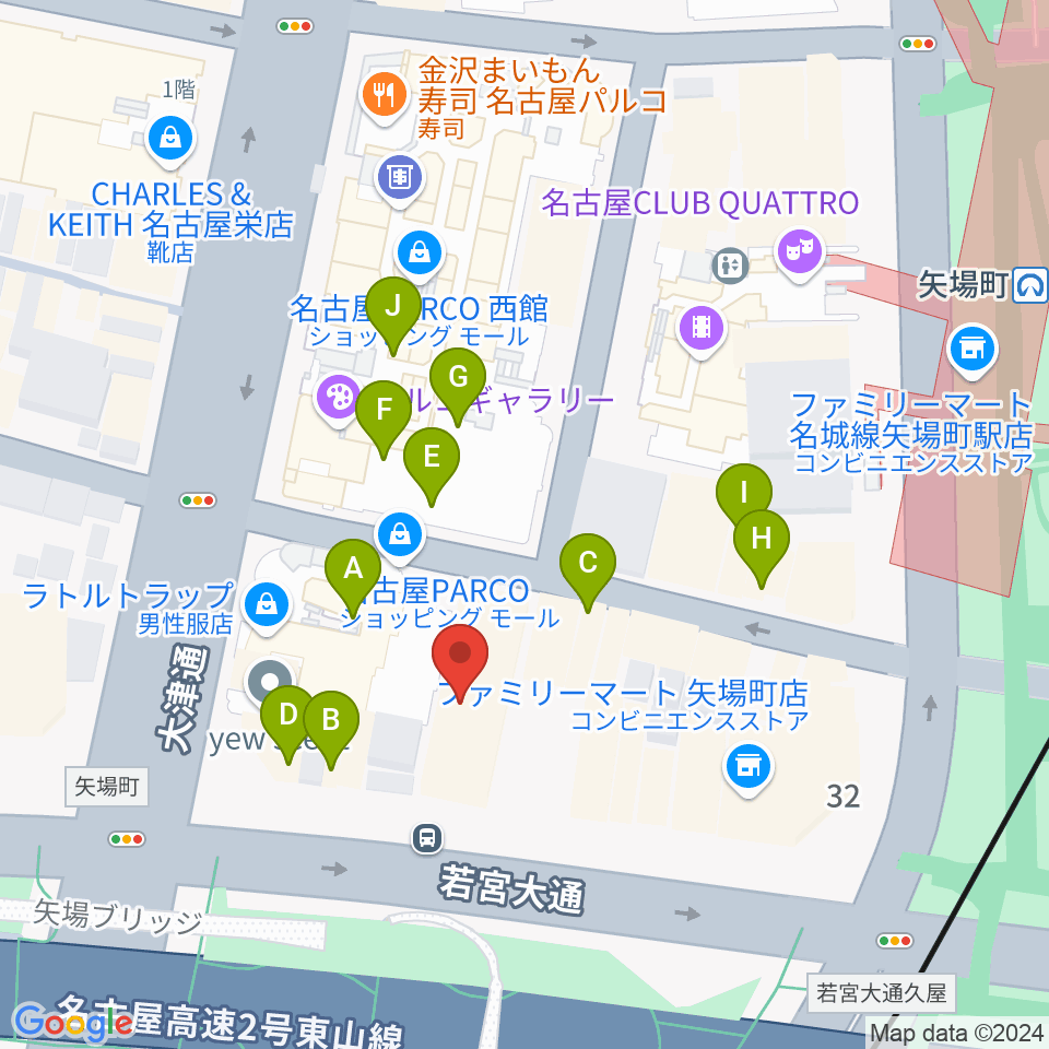 ロッキン名古屋栄店周辺のファミレス・ファーストフード一覧地図