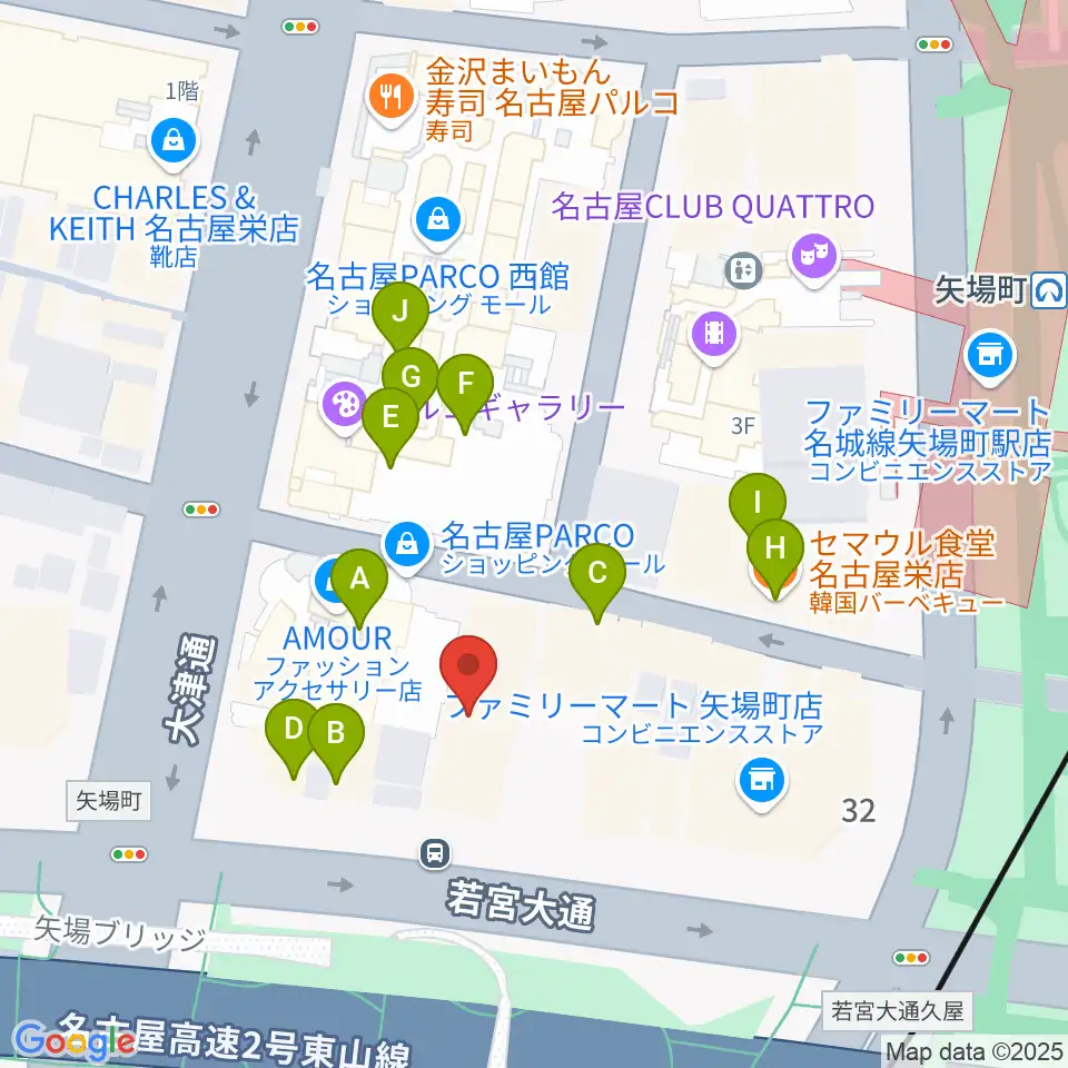 ロッキン名古屋栄店周辺のファミレス・ファーストフード一覧地図