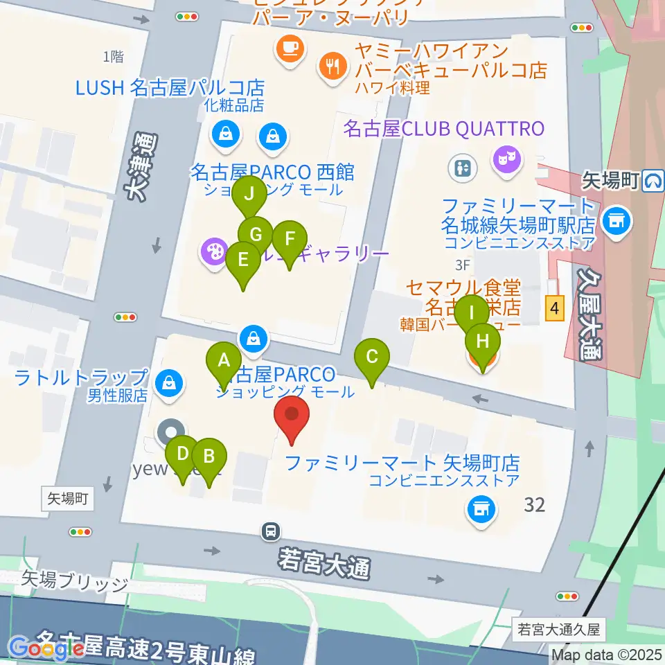 ロッキン名古屋栄店周辺のファミレス・ファーストフード一覧地図