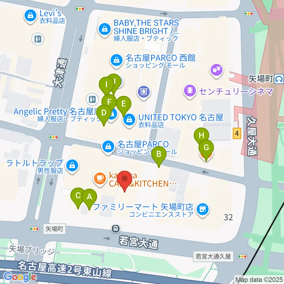 ロッキン名古屋栄店周辺のファミレス・ファーストフード一覧地図