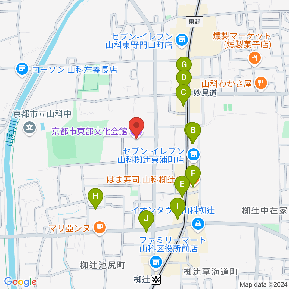 京都市東部文化会館周辺のファミレス・ファーストフード一覧地図