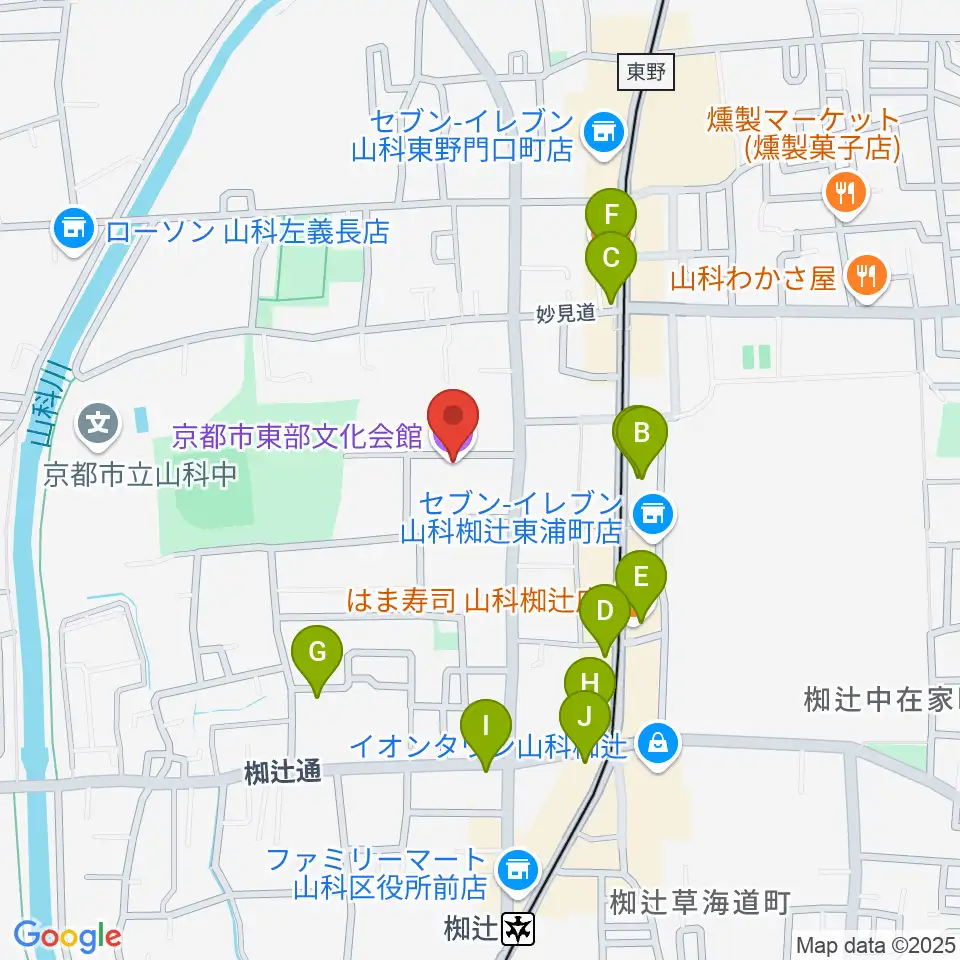 京都市東部文化会館周辺のファミレス・ファーストフード一覧地図