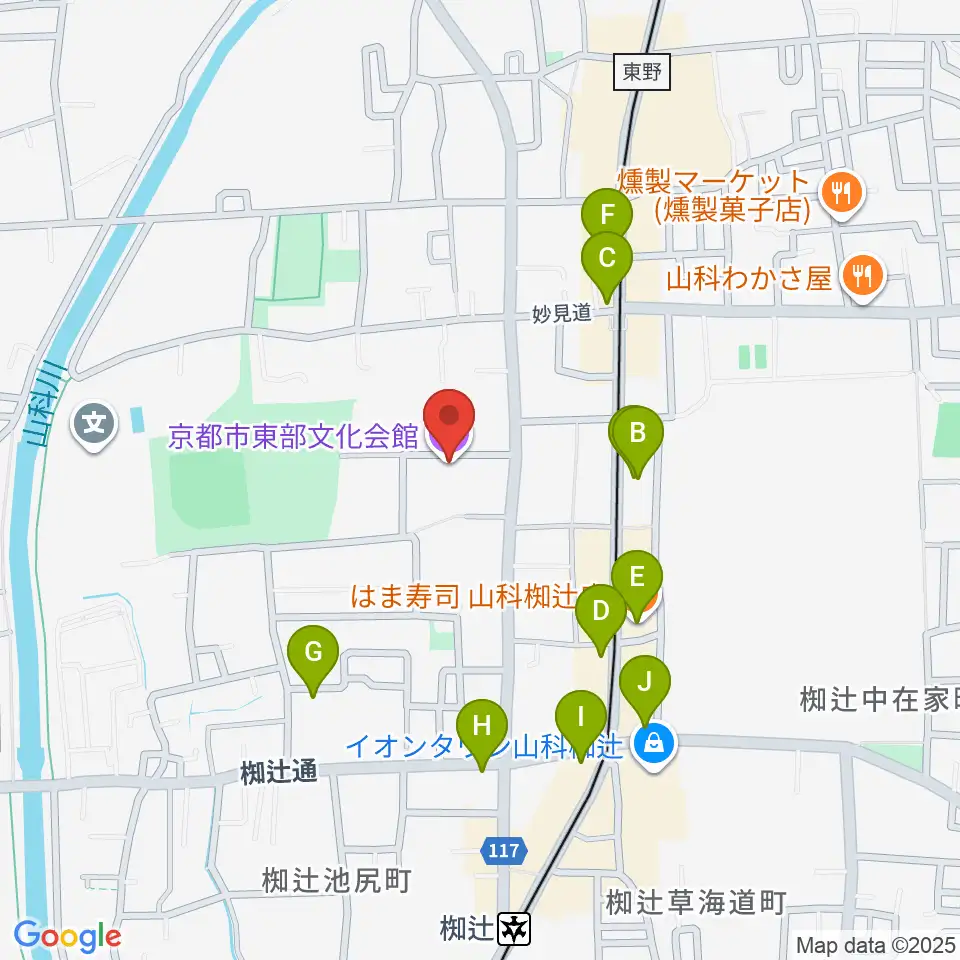 京都市東部文化会館周辺のファミレス・ファーストフード一覧地図