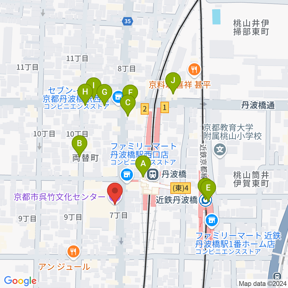 京都市呉竹文化センター周辺のファミレス・ファーストフード一覧地図