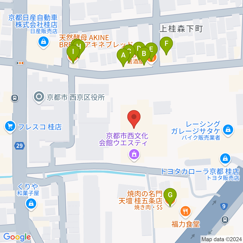 京都市西文化会館ウエスティ周辺のファミレス・ファーストフード一覧地図