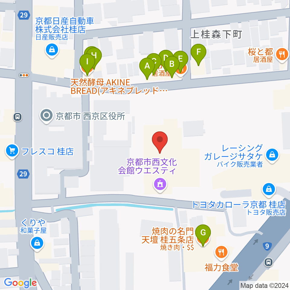 京都市西文化会館ウエスティ周辺のファミレス・ファーストフード一覧地図